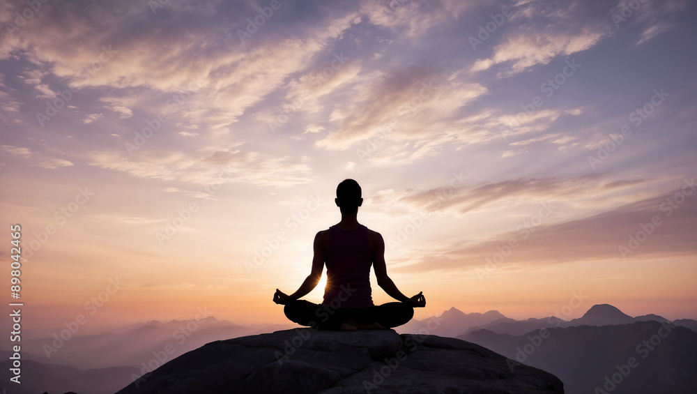 Serene Mountain Yoga Meditation: Woman's Silhouette at Peaceful Sunset Serene Mountain Yoga Meditation: Woman's Silhouette at Peaceful Sunset
