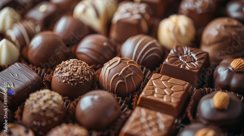 Many different kinds of chocolate candies, round and square shapes, in various colors and textures