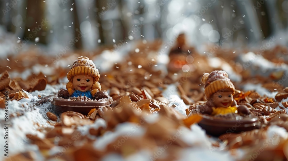 Two small, light-brown figures, wearing hats, are sitting in small, dark-brown boats, on a snowy ground covered with brown leaves