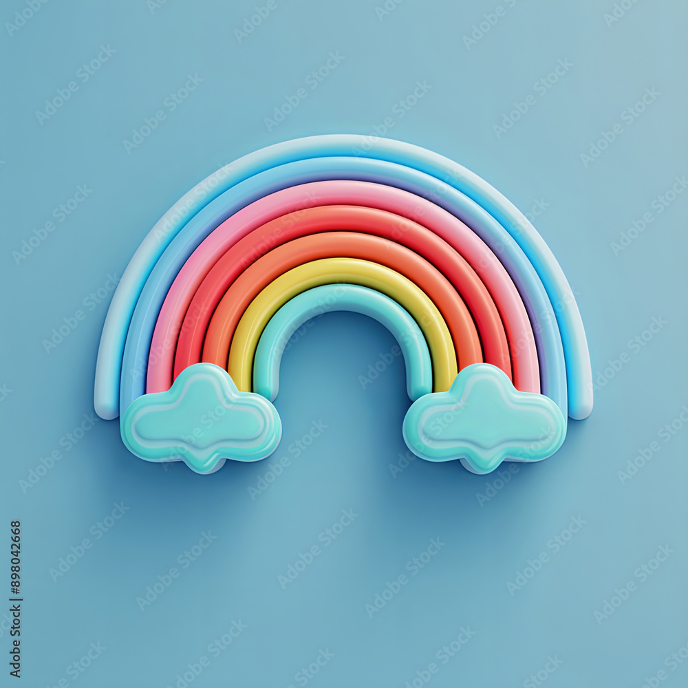 Colorful 3D rainbow with clouds on a blue background, symbolizing positivity and joy Colorful 3D rainbow with clouds on a blue background, symbolizing positivity and joy