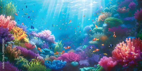 Colorful coral reef teeming with diverse fish