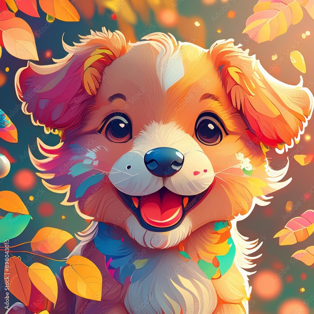 A lively dog depicted in a colorful, joyous illustration, set amidst a backdrop of flowers and natural surroundings A lively dog depicted in a colorful, joyous illustration, set amidst a backdrop of flowers and natural surroundings