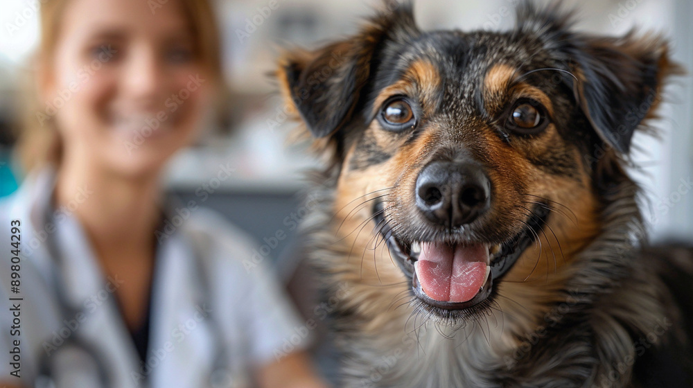 Portrait of a smiling vet with her patient dog. Veterinary clinic for dogs and cats. Concept of how to prevent pets from getting sick. Portrait of a smiling vet with her patient dog. Veterinary clinic for dogs and cats. Concept of how to prevent pets from getting sick.