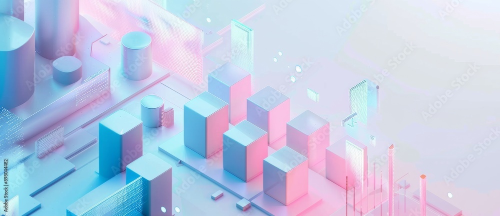 A colorful bar graph and isometric cubes on an architectural blueprint, A colorful bar graph and isometric cubes on an architectural blueprint,