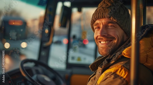 city bus driver greeting passengers with a smile