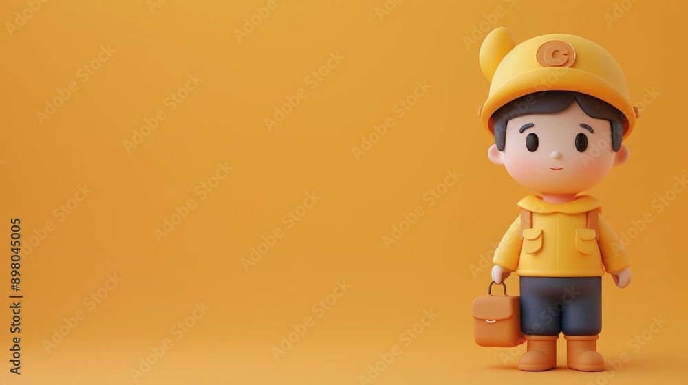 Obraz premium A 3D clipart of a postal worker holding a mailbag, standing on the right side of the image, with a randomly colored background
