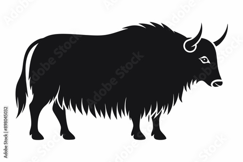 Yak silhouette, Silhouette of domestic yak. Side view. Vector illustration isolated on white background, Domestic Yak Silhouette Vector Illustration.
