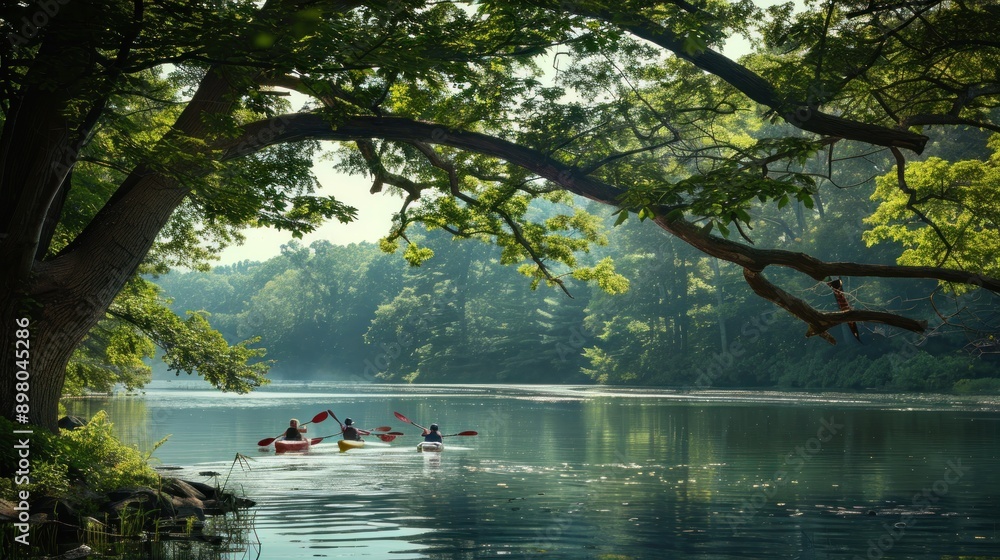 Fototapeta premium Kayaking in a Tranquil Forest Lake