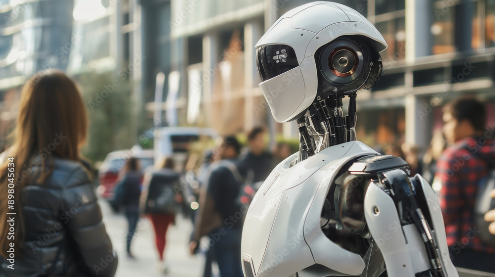 Cutting-Edge AI Technology: An advanced humanoid robot demonstrating the latest in artificial intelligence technology, interacting seamlessly with humans in a futuristic urban environment.