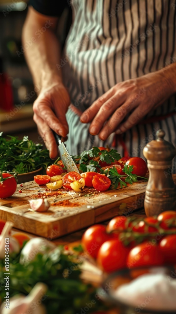 Chef Cutting Tomatoes for a Delicious Dish Chef Cutting Tomatoes for a Delicious Dish