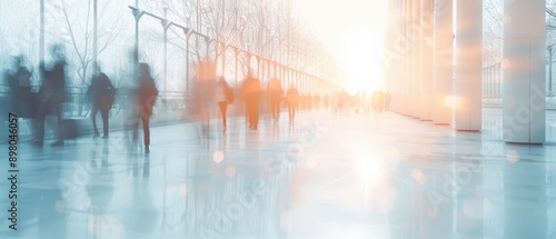 A group of people walking in a city street with a bright sun in the background. The people are blurry and the sun is bright, creating a sense of movement and energy