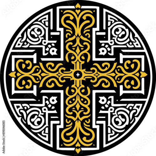 Vector illustration of an ornamental Christian cross, featuring a Celtic cross or Armenian Khachkar design within a circular frame, incorporating Christian motifs and Catholic ornamentation.	
