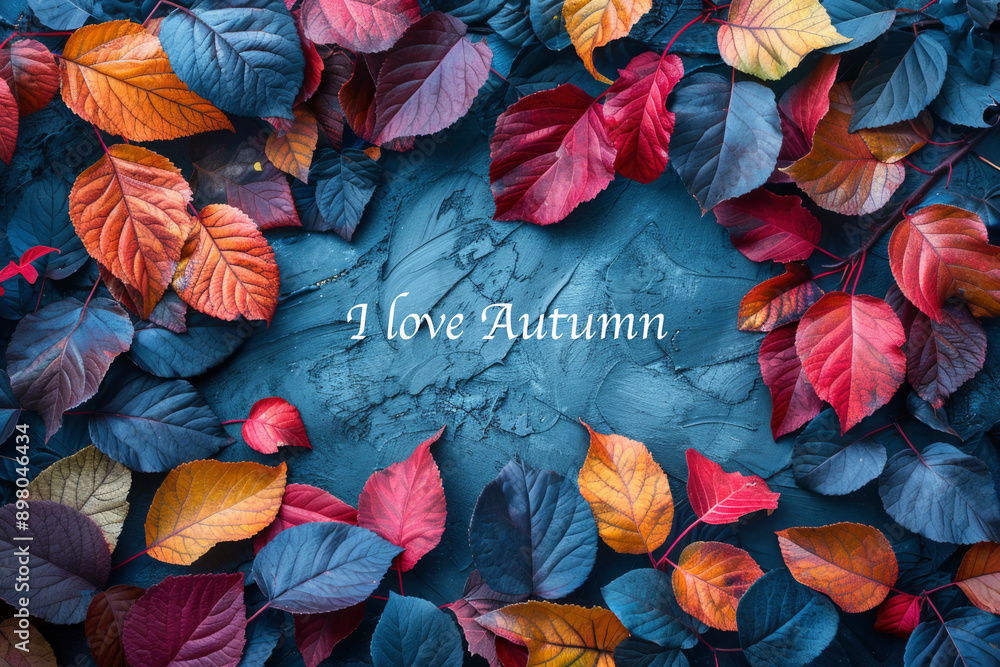 text I love Autumn with bright orange and blue leaves. copy space. greeting card. cozy mood. inspirational quote text I love Autumn with bright orange and blue leaves. copy space. greeting card. cozy mood. inspirational quote