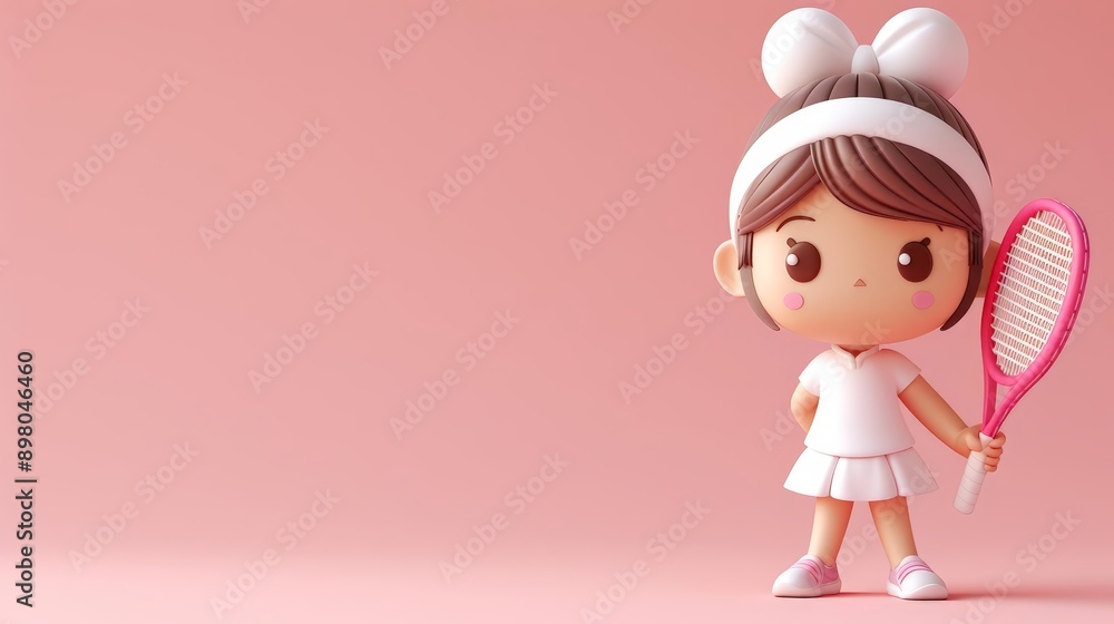 A 3D clipart of a tennis player holding a racket, standing on the right side of the image, with a randomly colored background A 3D clipart of a tennis player holding a racket, standing on the right side of the image, with a randomly colored background