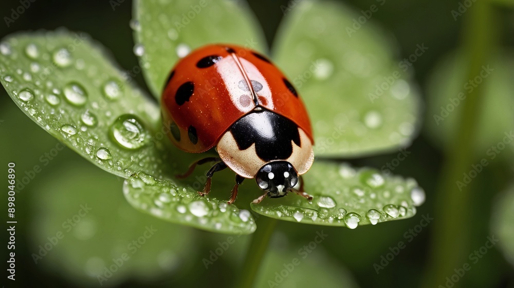 Tiny red spotted beetle perched on green leaf, captured in sharp closeup Tiny red spotted beetle perched on green leaf, captured in sharp closeup