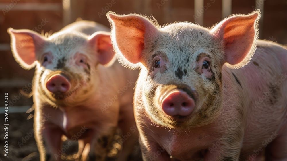 Piglets on a farm are exposed to the morning sunlight. Piglets on a farm are exposed to the morning sunlight.