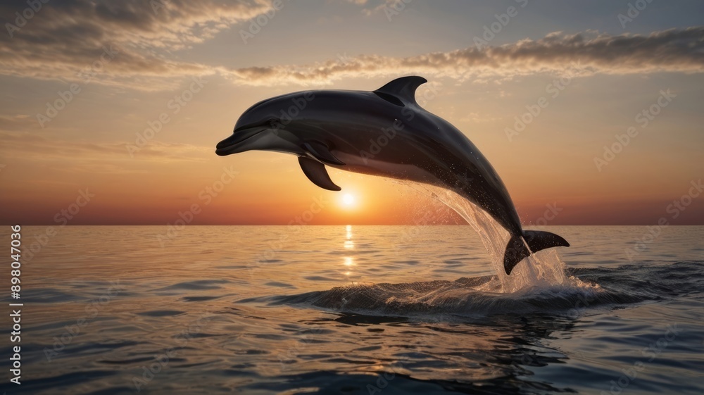 Obraz premium Silhouette of a dolphin jumping above the water during sunset.