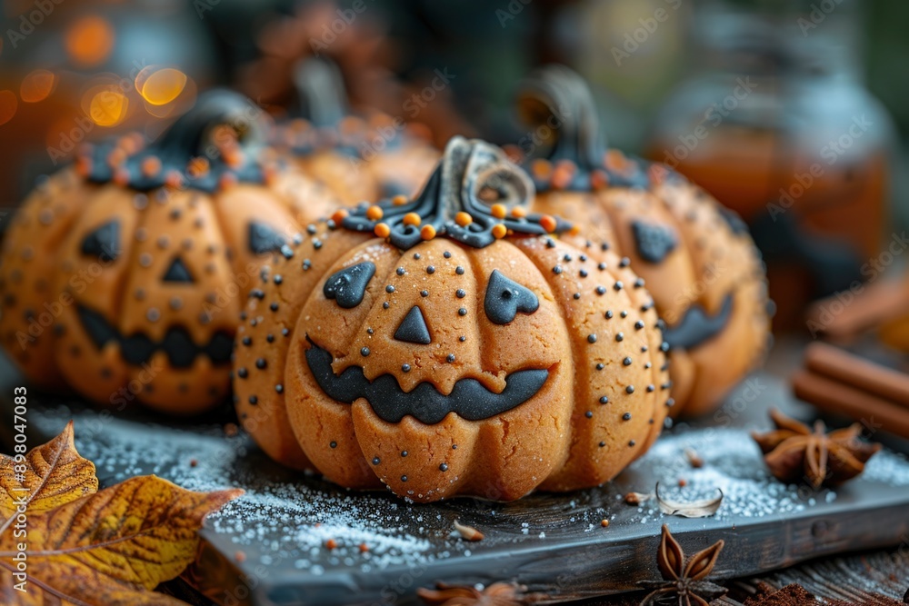 cookies with eyes in form of pumpkin for Halloween on blurred background. sweet snacks, themed party food. cookies with eyes in form of pumpkin for Halloween on blurred background. sweet snacks, themed party food.