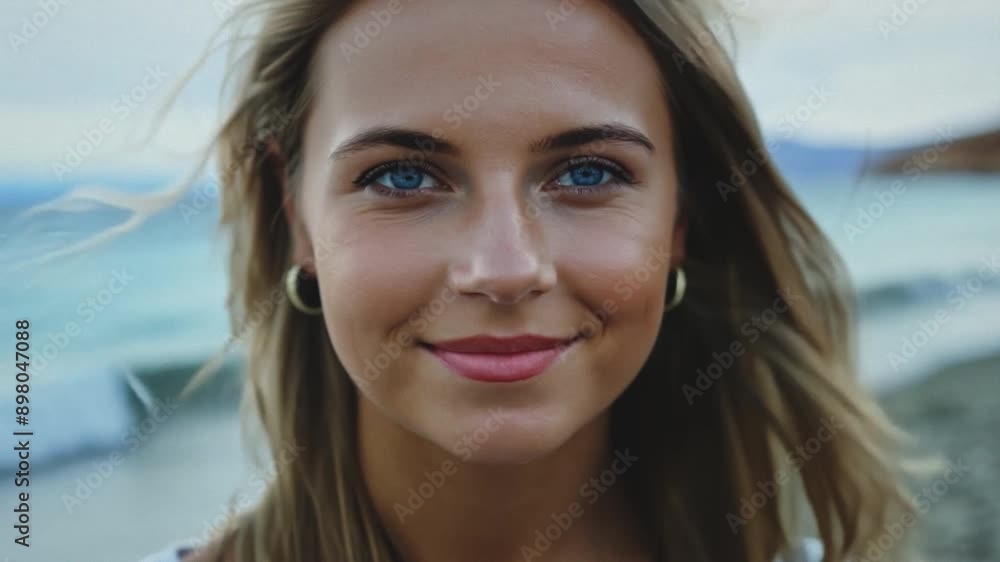 Close-up Portrait: Face of a beautiful young cute attractive blonde woman on the beach. Beautiful female looks at the camera in summertime, on vacation in tropical countries. Peace and tranquility. Close-up Portrait: Face of a beautiful young cute attractive blonde woman on the beach. Beautiful female looks at the camera in summertime, on vacation in tropical countries. Peace and tranquility.