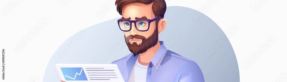 A man wearing glasses is looking at a piece of paper. The paper has a graph on it A man wearing glasses is looking at a piece of paper. The paper has a graph on it