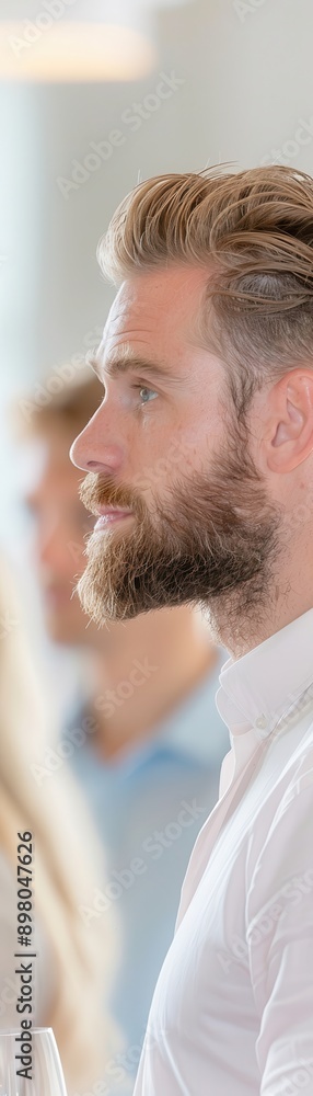 Obraz premium A man with a beard and a white shirt is looking at the camera. He is surrounded by other people, some of whom are also wearing white shirts