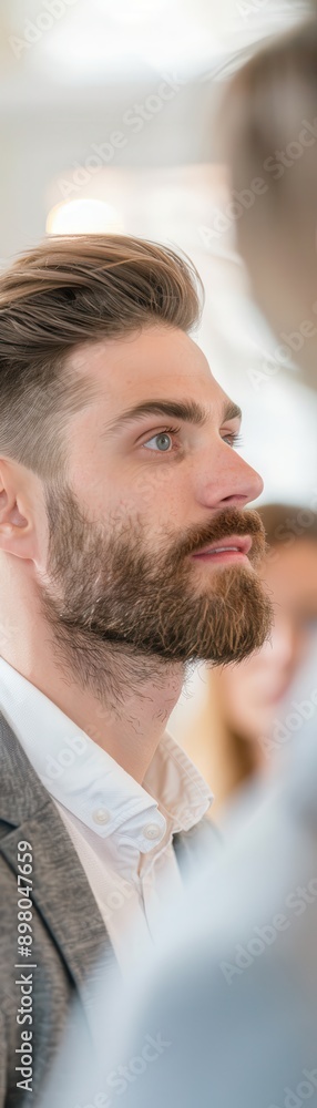 Fototapeta premium A man with a beard and a white shirt is looking at the camera. He is wearing a gray jacket