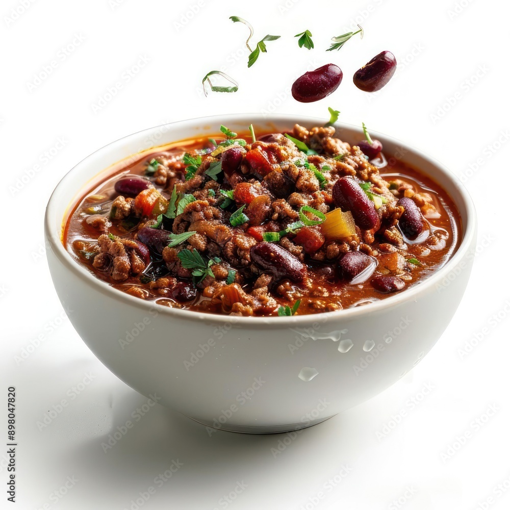 a bowl of chili with beans and herbs flying around a bowl of chili with beans and herbs flying around