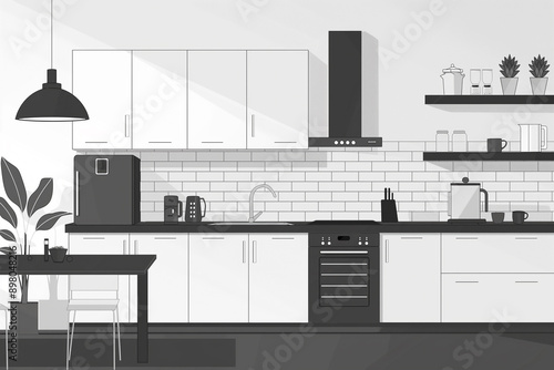 Minimalist Monochrome Kitchen Interior Design Illustration