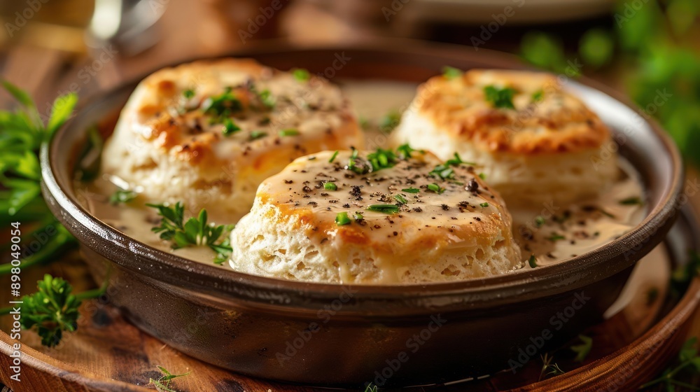 three biscuits in a bowl with cheese and herbs three biscuits in a bowl with cheese and herbs