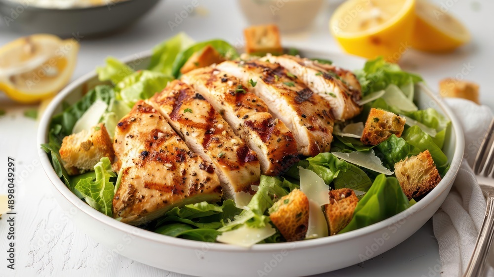 a close up of a bowl of food with chicken and croutons a close up of a bowl of food with chicken and croutons