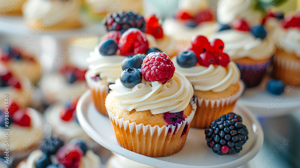 Cupcakes topped with mixed berries at a bakery shop, showcasing delicious treats with fresh fruits and vibrant presentation. Dessert, sweet treats and catering concept Cupcakes topped with mixed berries at a bakery shop, showcasing delicious treats with fresh fruits and vibrant presentation. Dessert, sweet treats and catering concept