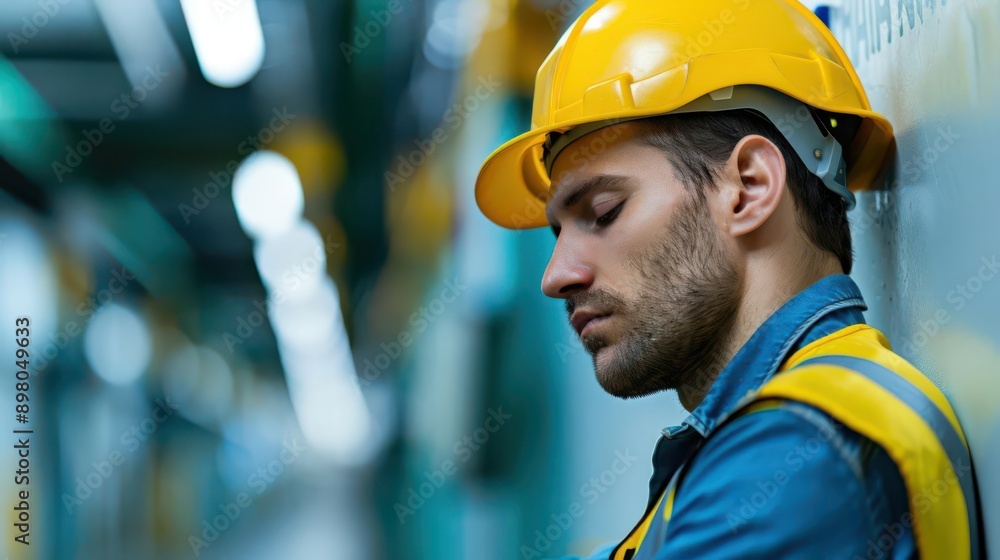A focused worker wearing a safety helmet, deep in thought in an industrial environment, showcasing dedication and professionalism. A focused worker wearing a safety helmet, deep in thought in an industrial environment, showcasing dedication and professionalism.