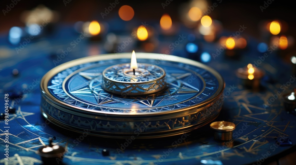 A radiant blue mandala with intricate patterns glows against a cosmic background filled with stars A radiant blue mandala with intricate patterns glows against a cosmic background filled with stars