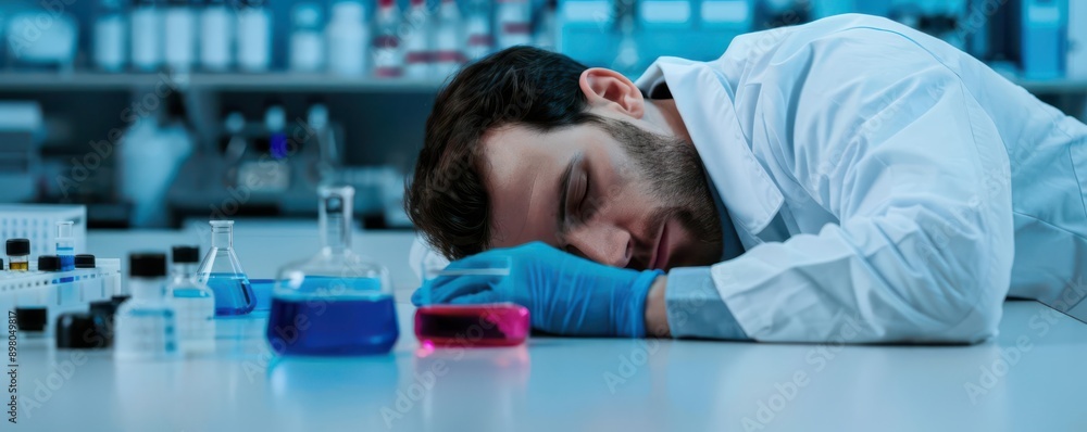 A tired scientist rests in a lab surrounded by colorful beakers and test tubes, illustrating the challenges of research work. A tired scientist rests in a lab surrounded by colorful beakers and test tubes, illustrating the challenges of research work.
