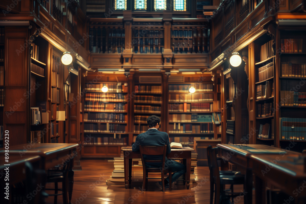 Instructor sitting and reading alone in the library. Instructor sitting and reading alone in the library.