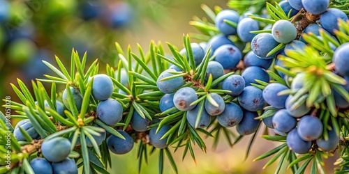 Close-up of ripe and unripe juniper berries on a branch, juniper, juniperus communis, berries, green, purple, natural photo