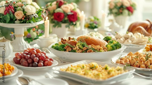 Turkey served with sides on a buffet table copy space, bountiful feast, whimsical, Composite, banquet hall