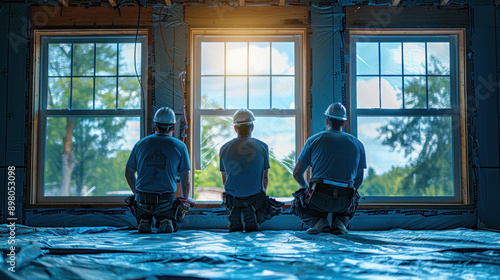 Workers fitting new, energy-efficient windows in a home improvement project.