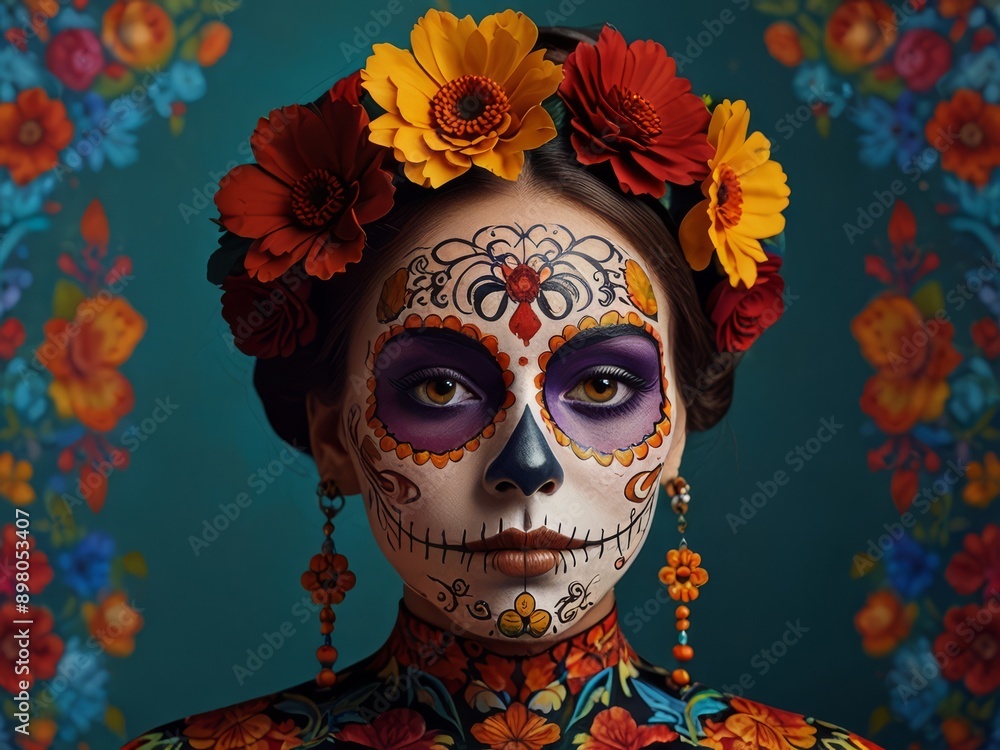 Make a draw of a vibrant and eye-catching catrina. The draw must be beautiful and stand out with its vivid colors and intricate details. The catrina must be adorned with flowers, traditional patterns, Make a draw of a vibrant and eye-catching catrina. The draw must be beautiful and stand out with its vivid colors and intricate details. The catrina must be adorned with flowers, traditional patterns,