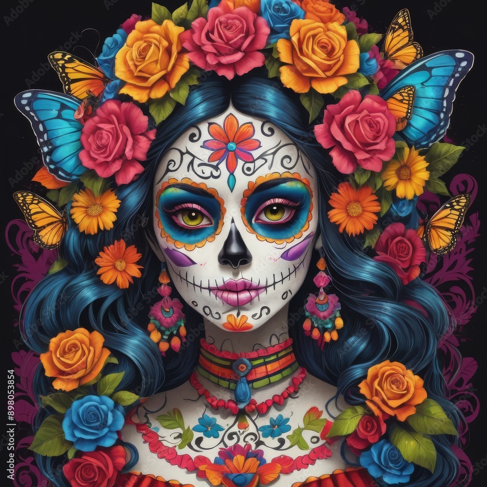 Make a draw of a vibrant and eye-catching catrina. The draw must be beautiful and stand out with its vivid colors and intricate details. The catrina must be adorned with flowers, traditional patterns, Make a draw of a vibrant and eye-catching catrina. The draw must be beautiful and stand out with its vivid colors and intricate details. The catrina must be adorned with flowers, traditional patterns,