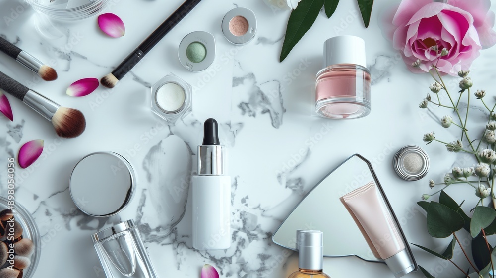 A skincare and beauty flat lay showcasing an array of cosmetic products for self-care routines A skincare and beauty flat lay showcasing an array of cosmetic products for self-care routines
