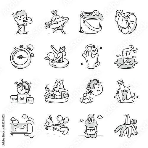 WebCollection of Cartoon Style Water Fun Doodle Icons 

