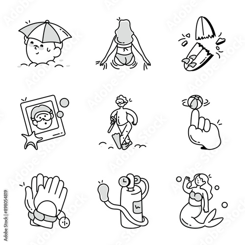 WebPack of Cartoon Style Swimming Elements Doodle Icons 

