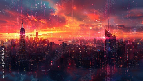 Futuristic Cityscape with Red Sky