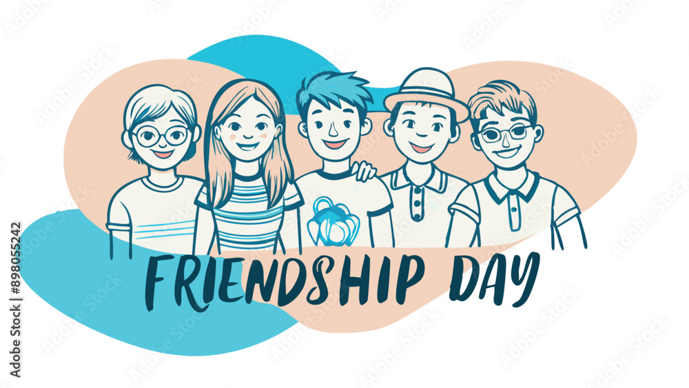 Cartoon friends standing together, celebrating Friendship Day. Cool and warm tones in the background. Cartoon friends standing together, celebrating Friendship Day. Cool and warm tones in the background.