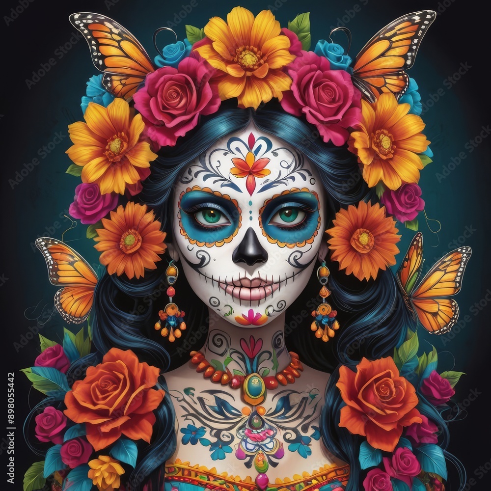 Make a draw of a vibrant and eye-catching catrina. The draw must be beautiful and stand out with its vivid colors and intricate details. The catrina must be adorned with flowers, traditional patterns, Make a draw of a vibrant and eye-catching catrina. The draw must be beautiful and stand out with its vivid colors and intricate details. The catrina must be adorned with flowers, traditional patterns,