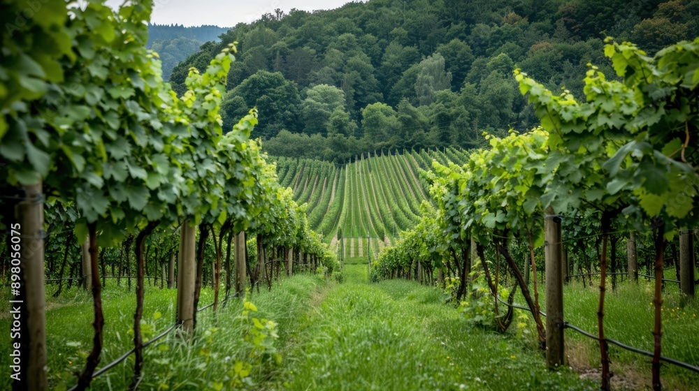 Naklejka premium Vineyard Rows Leading to a Lush Forest