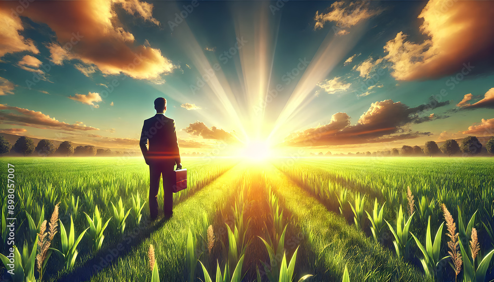 Fototapeta premium Silhouetted figure of a person walking down a serene countryside path surrounded by a lush green meadow and illuminated by the warm golden rays of the setting sun in the distance