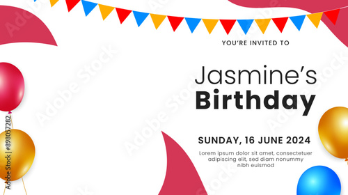 Birthday invitation card template with balloons and photo frame. Festive birthday party background. Vector illustration