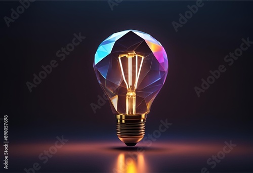 Innovation technology featuring a holographic, glowing low-polygonal light bulb on a dark background. Advanced tech concept with futuristic illumination